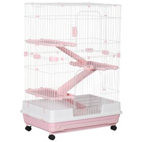 PawHut 32L 4-Level Small Animal Cage Rabbit Hutch with Wheels Slide-out Tray Pink for Bunny Chinchillas Ferret
