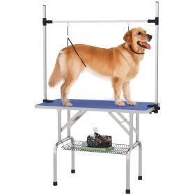 Adjustable Dog Grooming Table with 2 Safety Slings, Storage Basket, Blue