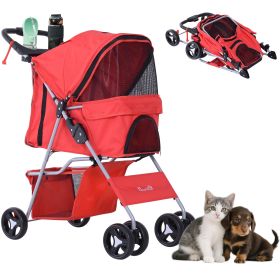 Pet Stroller Foldable Carrier for Cat, Dog and More 4 Wheels Travel Jogger with Cup Holder, Storage Basket, 360 ° swiveling front wheels, Easy Fold